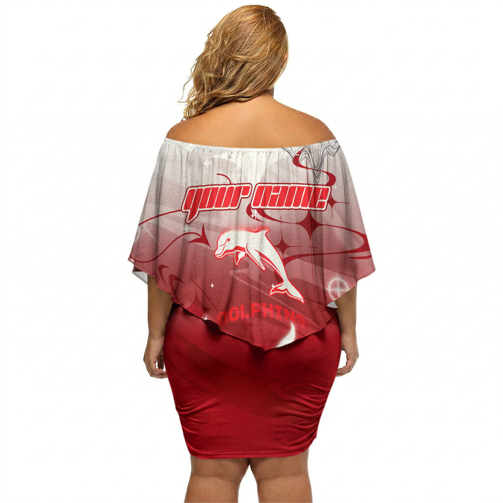 Personalized Dolphins Off Shoulder Short Dress Y2K Grunge Aesthetic With Cyber Flames and Starburst Graphics