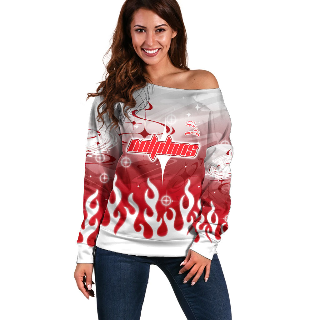 Personalized Dolphins Off Shoulder Sweater Y2K Grunge Aesthetic With Cyber Flames and Starburst Graphics