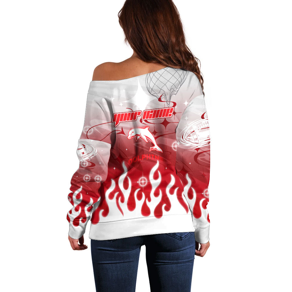 Personalized Dolphins Off Shoulder Sweater Y2K Grunge Aesthetic With Cyber Flames and Starburst Graphics
