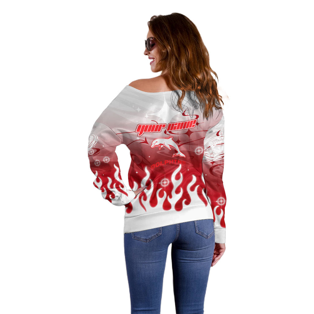 Personalized Dolphins Off Shoulder Sweater Y2K Grunge Aesthetic With Cyber Flames and Starburst Graphics
