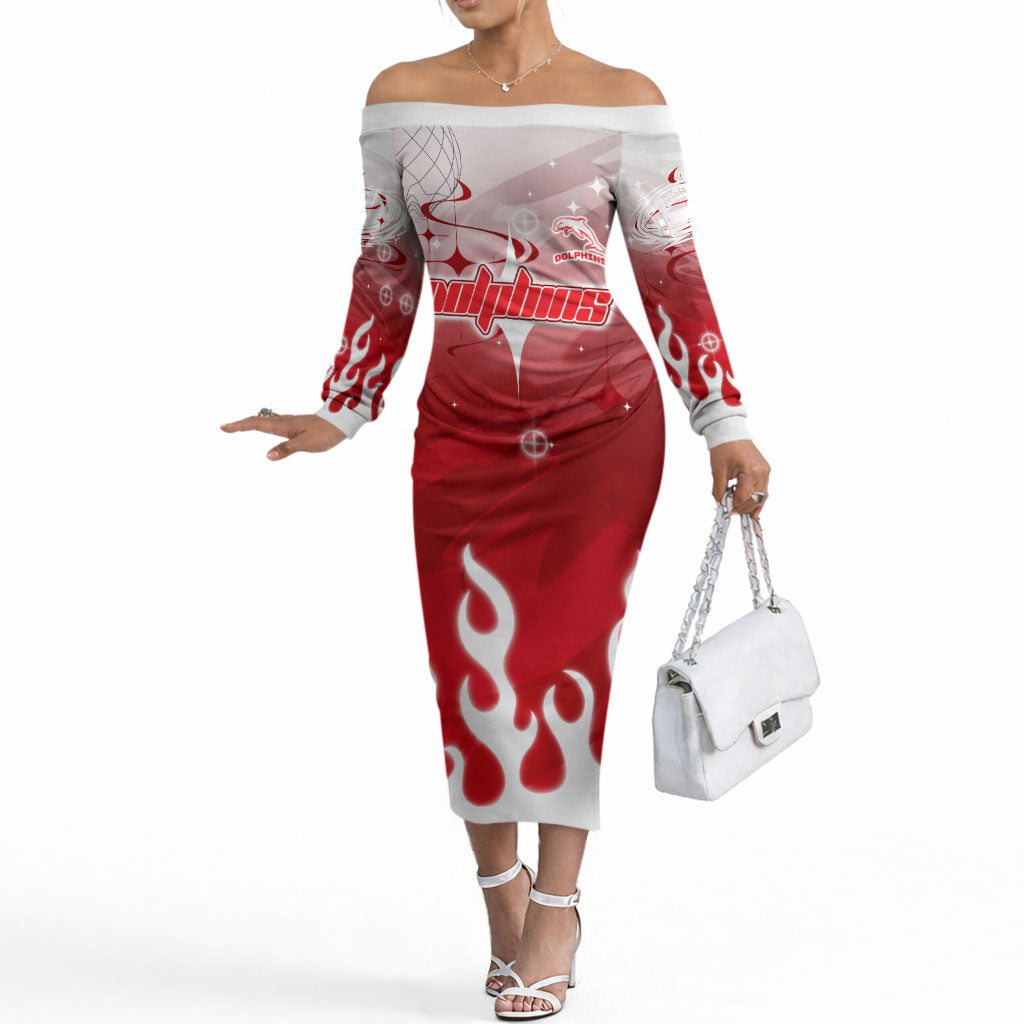 Personalized Dolphins Off The Shoulder Long Sleeve Dress Y2K Grunge Aesthetic With Cyber Flames and Starburst Graphics