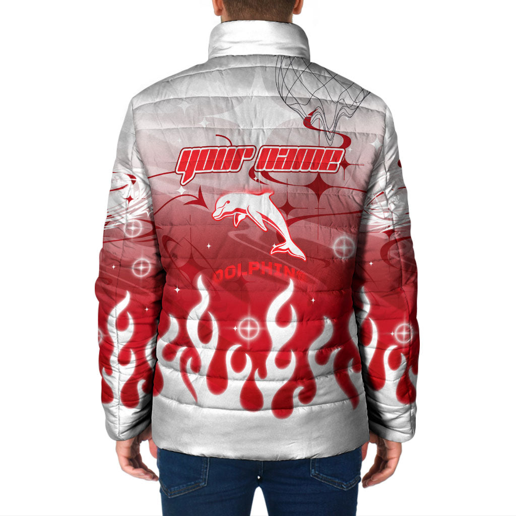 Personalized Dolphins Padded Jacket Y2K Grunge Aesthetic With Cyber Flames and Starburst Graphics