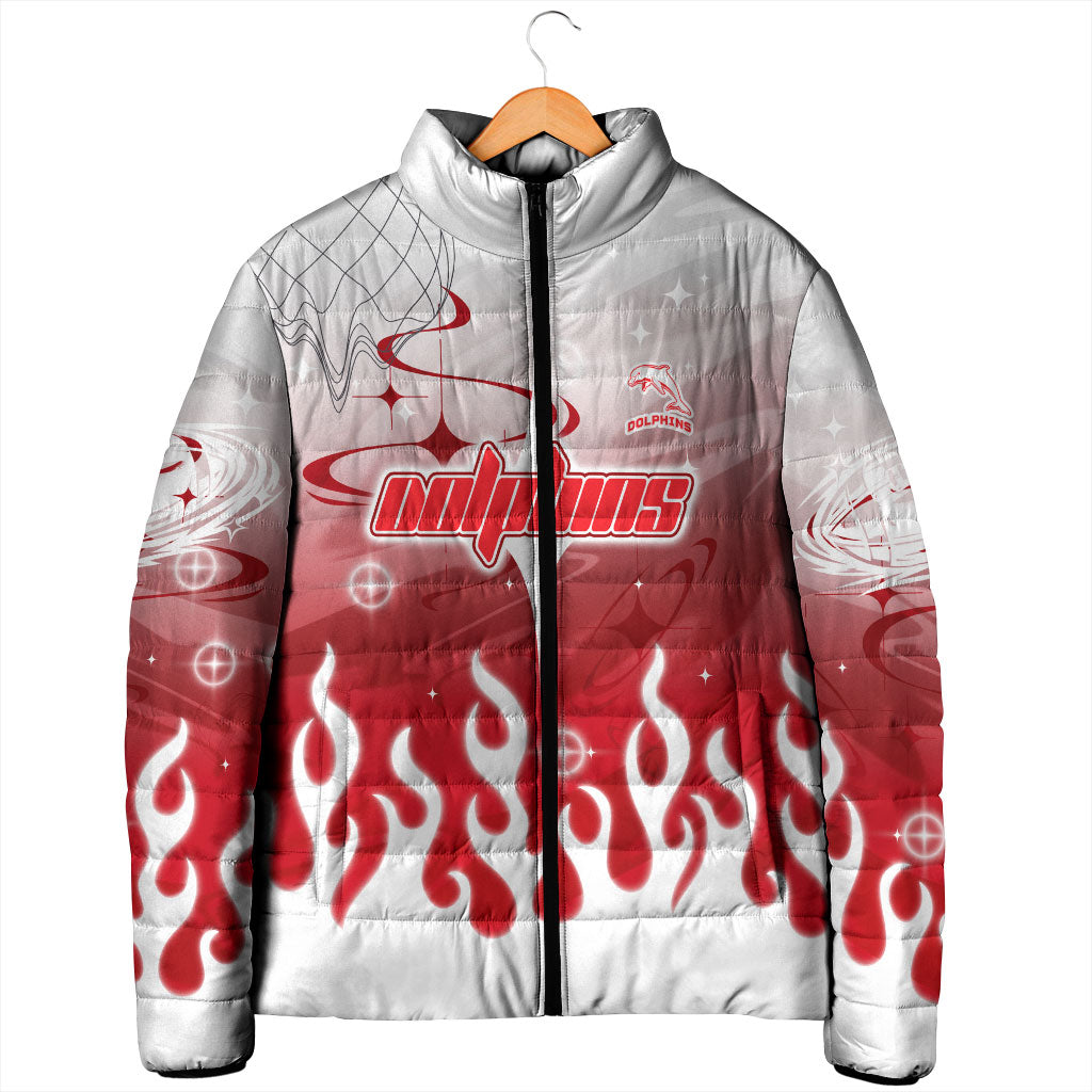 Personalized Dolphins Padded Jacket Y2K Grunge Aesthetic With Cyber Flames and Starburst Graphics