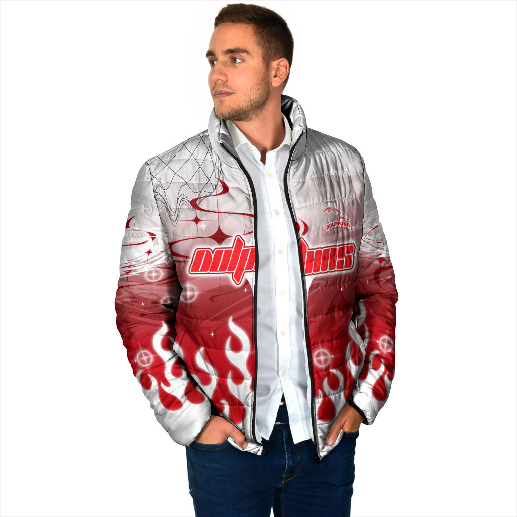 Personalized Dolphins Padded Jacket Y2K Grunge Aesthetic With Cyber Flames and Starburst Graphics
