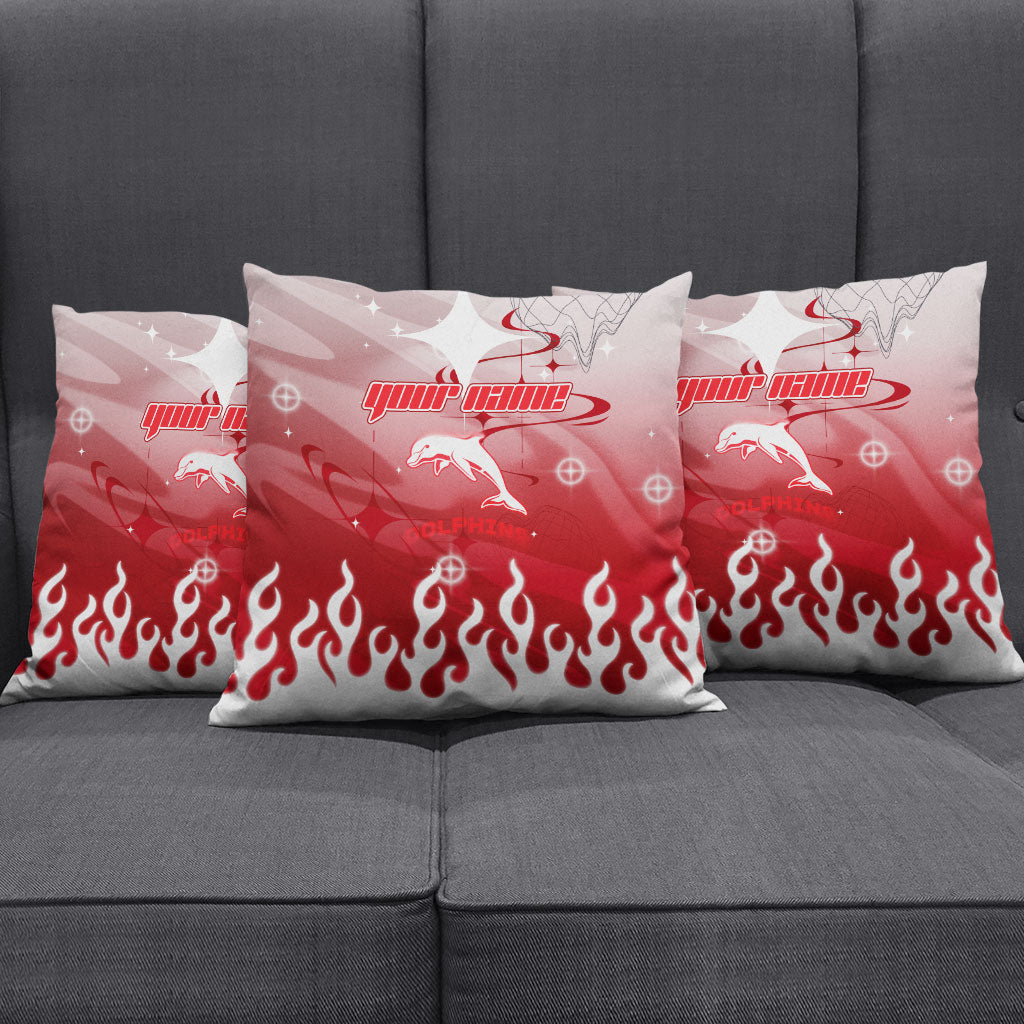 Personalized Dolphins Pillow Cover Y2K Grunge Aesthetic With Cyber Flames and Starburst Graphics