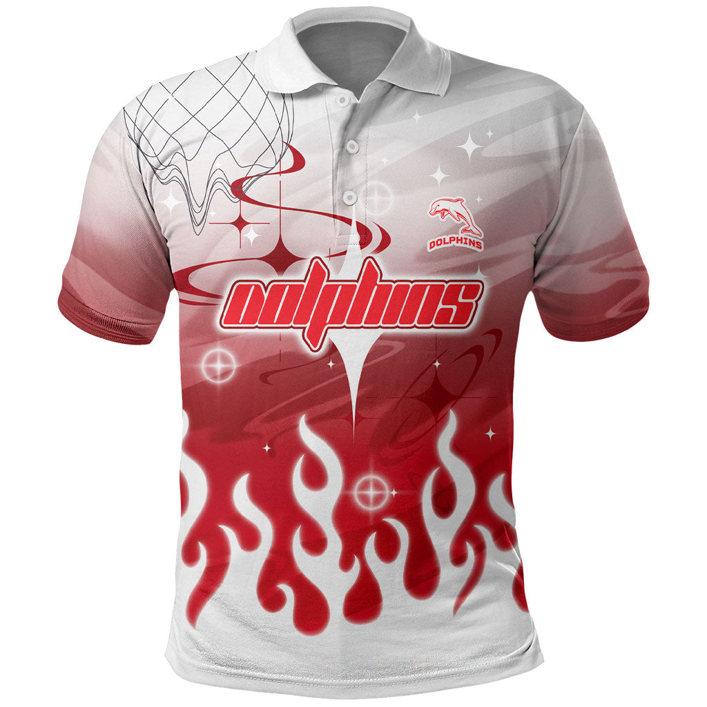 Personalized Dolphins Polo Shirt Y2K Grunge Aesthetic With Cyber Flames and Starburst Graphics