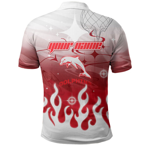 Personalized Dolphins Polo Shirt Y2K Grunge Aesthetic With Cyber Flames and Starburst Graphics