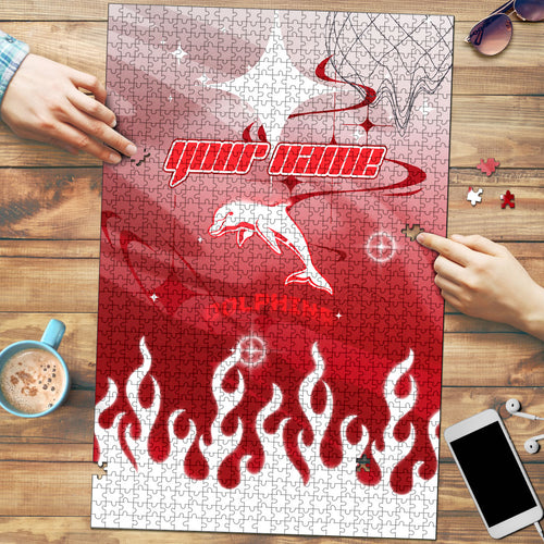 Personalized Dolphins Puzzle Y2K Grunge Aesthetic With Cyber Flames and Starburst Graphics
