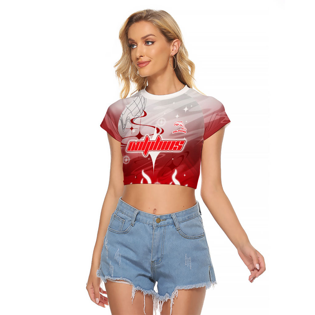 Personalized Dolphins Raglan Cropped T Shirt Y2K Grunge Aesthetic With Cyber Flames and Starburst Graphics