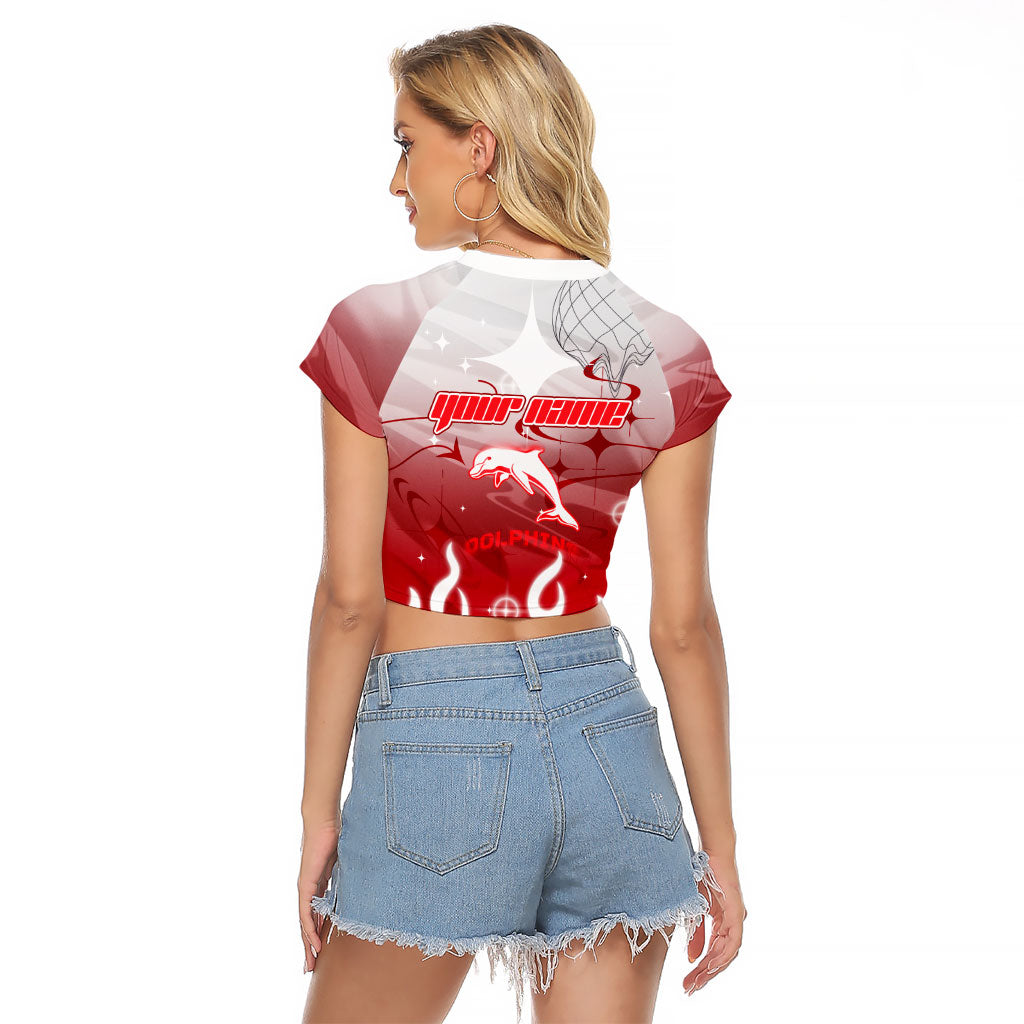 Personalized Dolphins Raglan Cropped T Shirt Y2K Grunge Aesthetic With Cyber Flames and Starburst Graphics