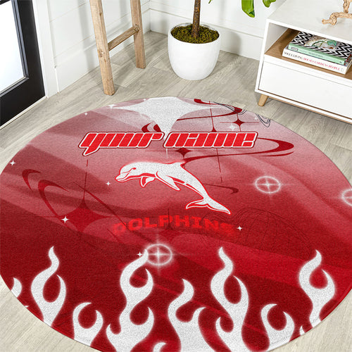 Personalized Dolphins Round Carpet Y2K Grunge Aesthetic With Cyber Flames and Starburst Graphics