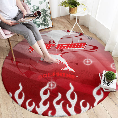 Personalized Dolphins Round Carpet Y2K Grunge Aesthetic With Cyber Flames and Starburst Graphics