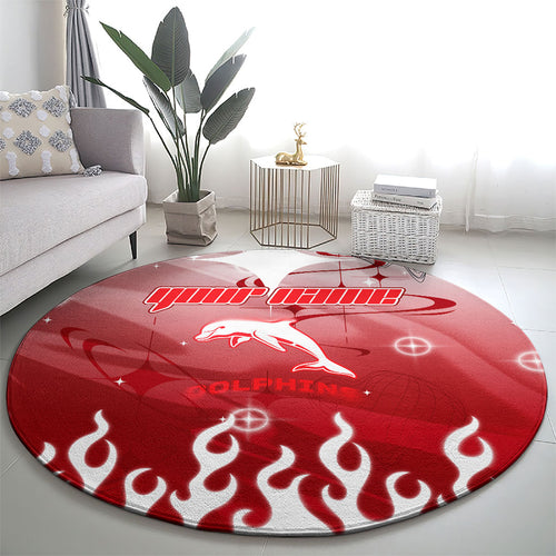 Personalized Dolphins Round Carpet Y2K Grunge Aesthetic With Cyber Flames and Starburst Graphics