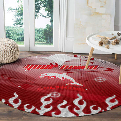 Personalized Dolphins Round Carpet Y2K Grunge Aesthetic With Cyber Flames and Starburst Graphics