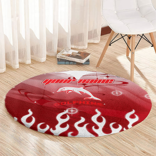 Personalized Dolphins Round Carpet Y2K Grunge Aesthetic With Cyber Flames and Starburst Graphics