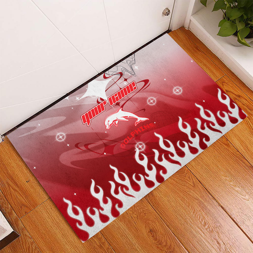 Personalized Dolphins Rubber Doormat Y2K Grunge Aesthetic With Cyber Flames and Starburst Graphics