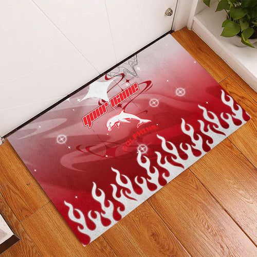 Personalized Dolphins Rubber Doormat Y2K Grunge Aesthetic With Cyber Flames and Starburst Graphics
