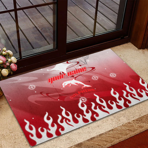 Personalized Dolphins Rubber Doormat Y2K Grunge Aesthetic With Cyber Flames and Starburst Graphics