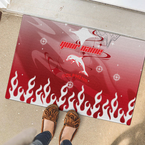 Personalized Dolphins Rubber Doormat Y2K Grunge Aesthetic With Cyber Flames and Starburst Graphics