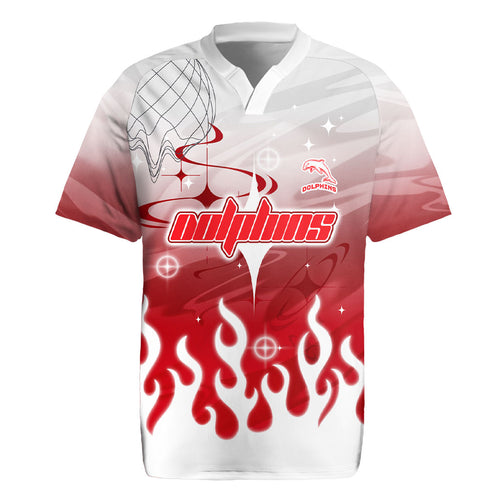 Personalized Dolphins Rugby Jersey Y2K Grunge Aesthetic With Cyber Flames and Starburst Graphics