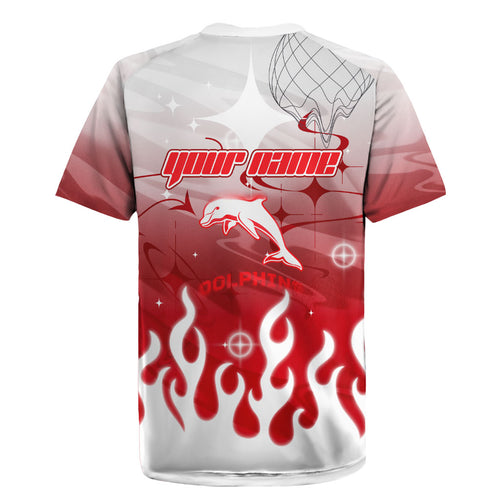 Personalized Dolphins Rugby Jersey Y2K Grunge Aesthetic With Cyber Flames and Starburst Graphics