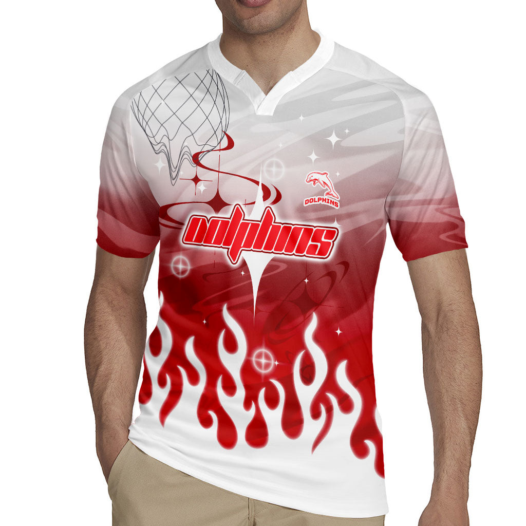 Personalized Dolphins Rugby Jersey Y2K Grunge Aesthetic With Cyber Flames and Starburst Graphics