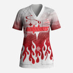 Personalized Dolphins Scrub Top Y2K Grunge Aesthetic With Cyber Flames and Starburst Graphics