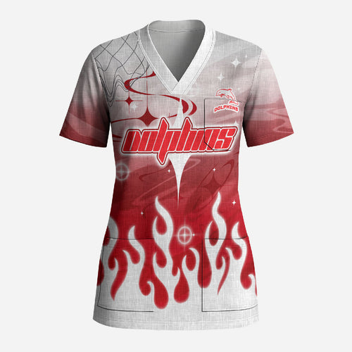Personalized Dolphins Scrub Top Y2K Grunge Aesthetic With Cyber Flames and Starburst Graphics