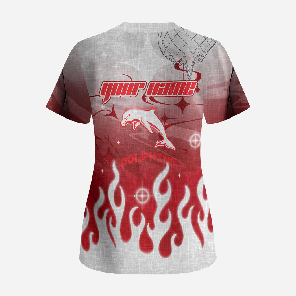 Personalized Dolphins Scrub Top Y2K Grunge Aesthetic With Cyber Flames and Starburst Graphics
