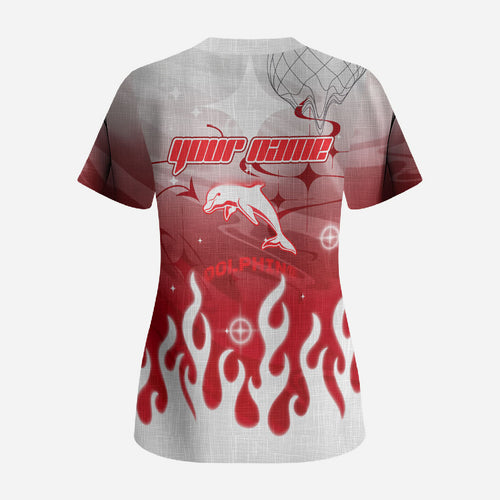 Personalized Dolphins Scrub Top Y2K Grunge Aesthetic With Cyber Flames and Starburst Graphics