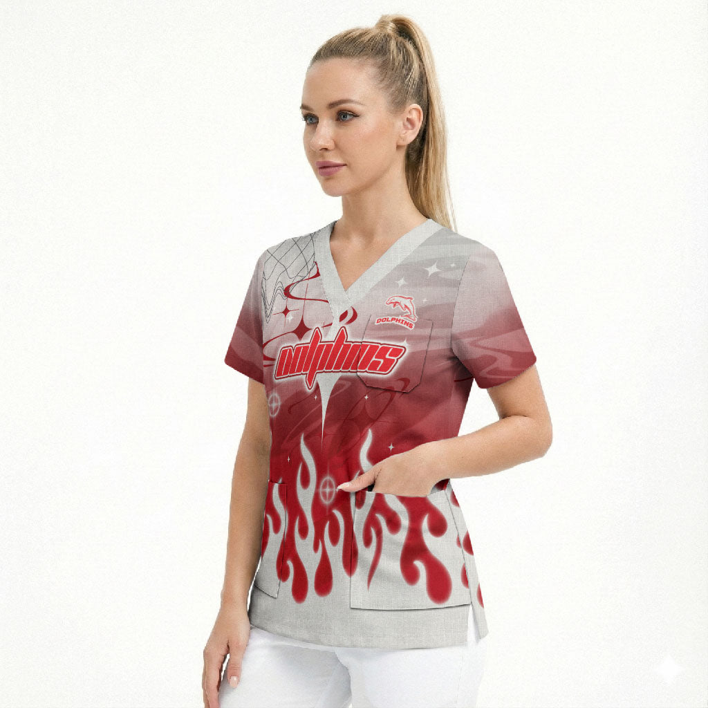 Personalized Dolphins Scrub Top Y2K Grunge Aesthetic With Cyber Flames and Starburst Graphics