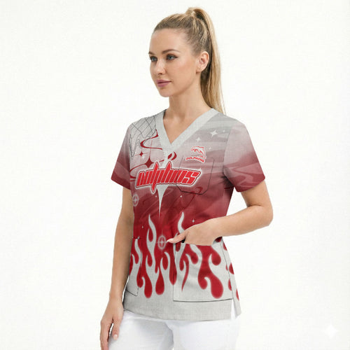 Personalized Dolphins Scrub Top Y2K Grunge Aesthetic With Cyber Flames and Starburst Graphics