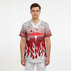 Personalized Dolphins Scrub Top Y2K Grunge Aesthetic With Cyber Flames and Starburst Graphics