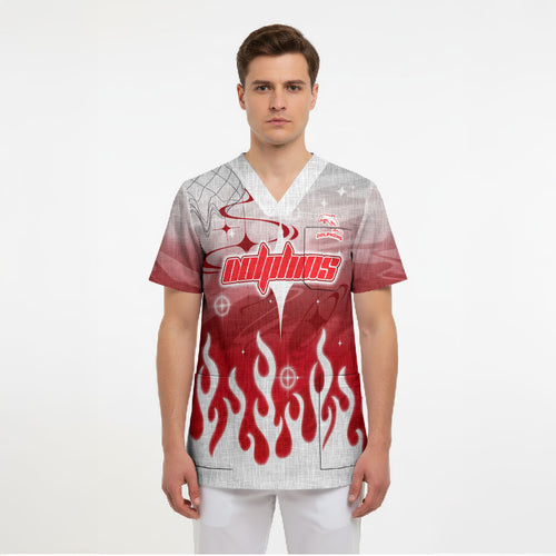 Personalized Dolphins Scrub Top Y2K Grunge Aesthetic With Cyber Flames and Starburst Graphics
