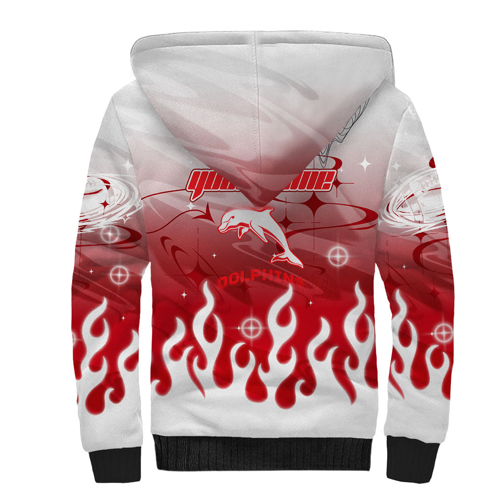 Personalized Dolphins Sherpa Hoodie Y2K Grunge Aesthetic With Cyber Flames and Starburst Graphics