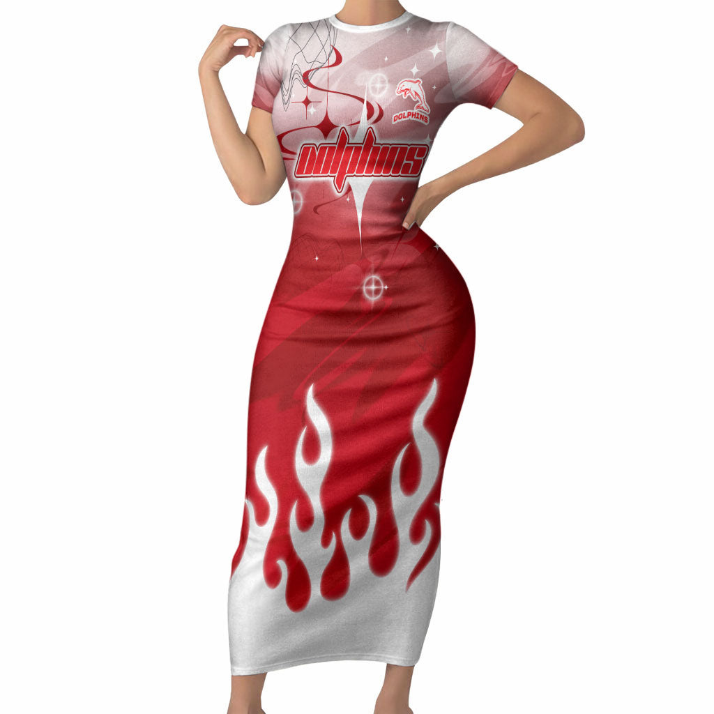 Personalized Dolphins Short Sleeve Bodycon Dress Y2K Grunge Aesthetic With Cyber Flames and Starburst Graphics