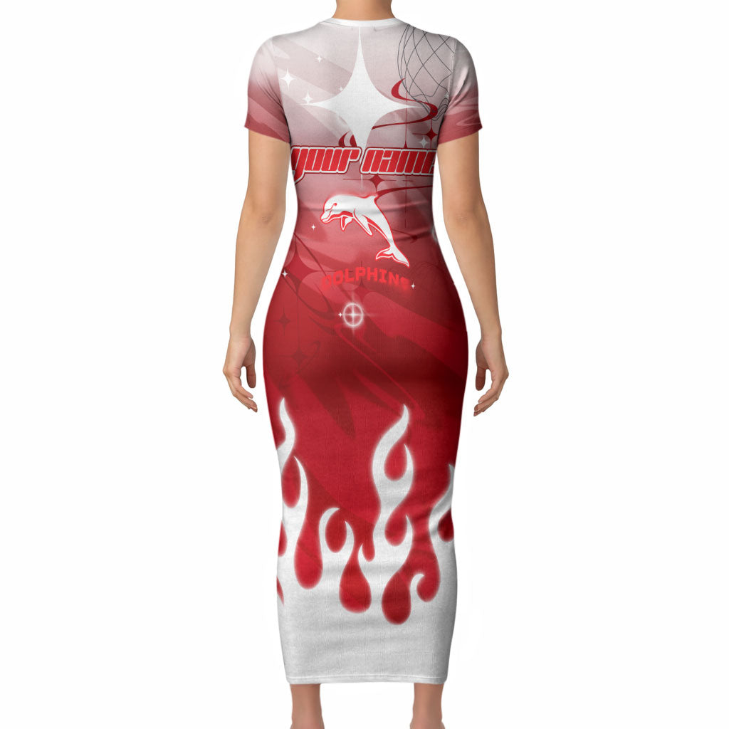 Personalized Dolphins Short Sleeve Bodycon Dress Y2K Grunge Aesthetic With Cyber Flames and Starburst Graphics