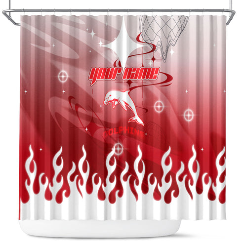 Personalized Dolphins Shower Curtain Y2K Grunge Aesthetic With Cyber Flames and Starburst Graphics