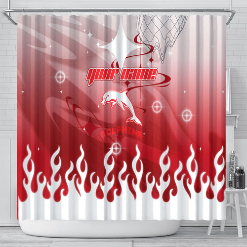 Personalized Dolphins Shower Curtain Y2K Grunge Aesthetic With Cyber Flames and Starburst Graphics