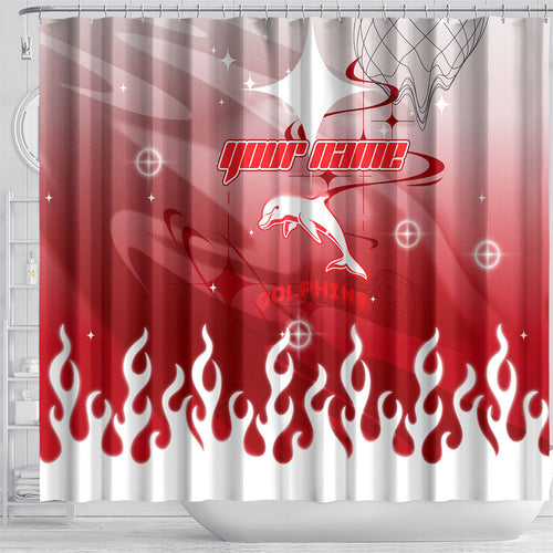 Personalized Dolphins Shower Curtain Y2K Grunge Aesthetic With Cyber Flames and Starburst Graphics