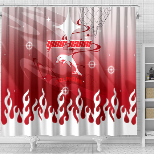 Personalized Dolphins Shower Curtain Y2K Grunge Aesthetic With Cyber Flames and Starburst Graphics