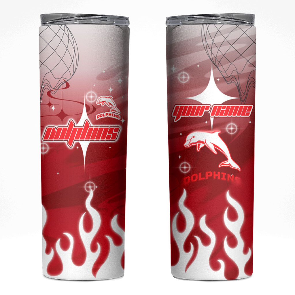 Personalized Dolphins Skinny Tumbler Y2K Grunge Aesthetic With Cyber Flames and Starburst Graphics