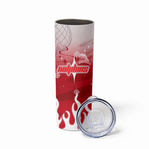 Personalized Dolphins Skinny Tumbler Y2K Grunge Aesthetic With Cyber Flames and Starburst Graphics