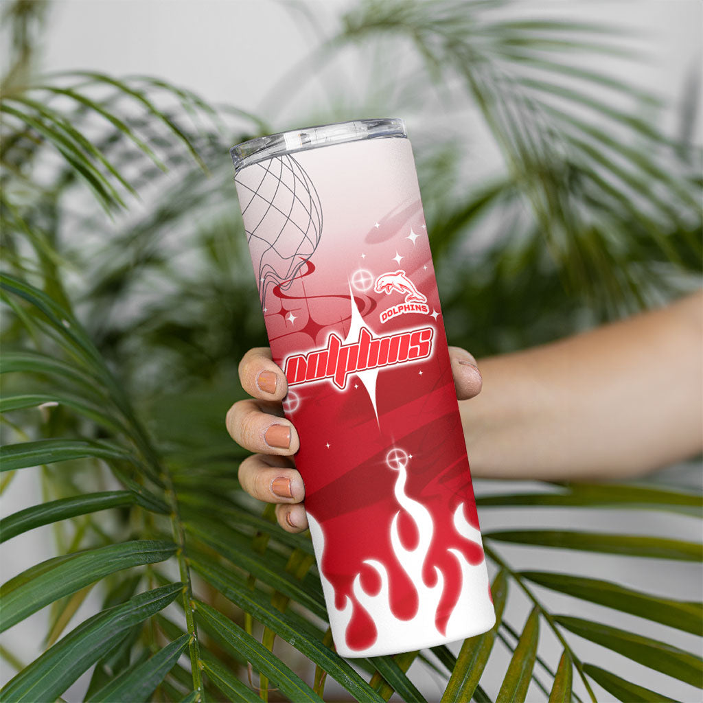 Personalized Dolphins Skinny Tumbler Y2K Grunge Aesthetic With Cyber Flames and Starburst Graphics