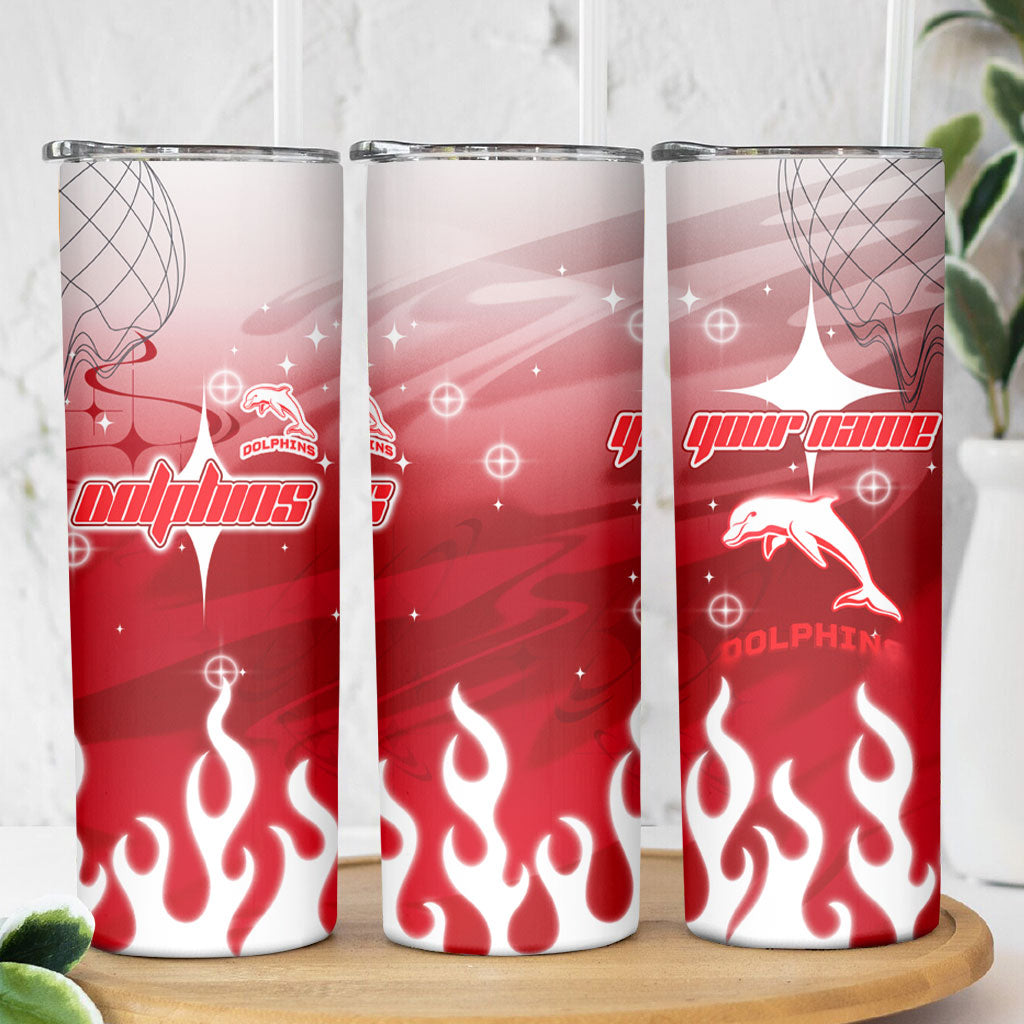 Personalized Dolphins Skinny Tumbler Y2K Grunge Aesthetic With Cyber Flames and Starburst Graphics