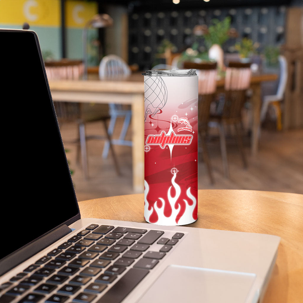 Personalized Dolphins Skinny Tumbler Y2K Grunge Aesthetic With Cyber Flames and Starburst Graphics