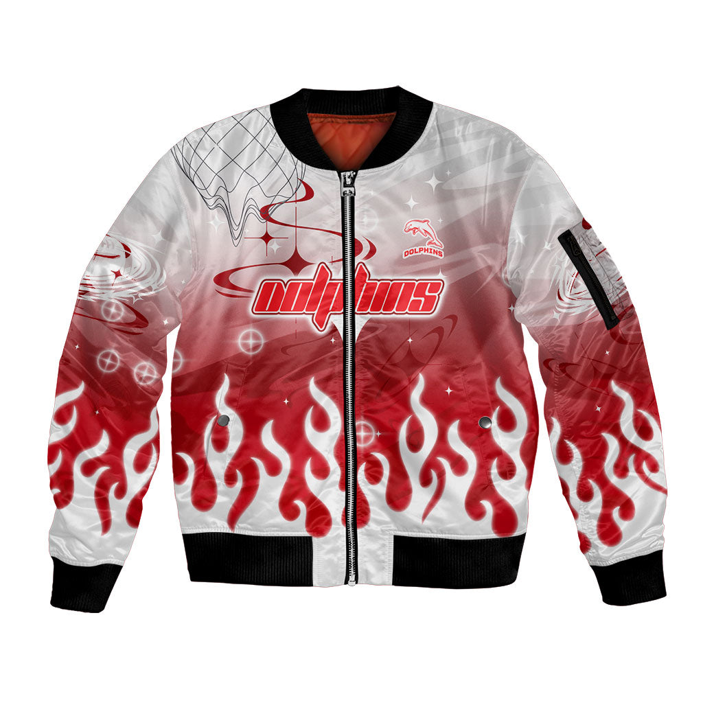 Personalized Dolphins Sleeve Zip Bomber Jacket Y2K Grunge Aesthetic With Cyber Flames and Starburst Graphics