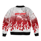 Personalized Dolphins Sleeve Zip Bomber Jacket Y2K Grunge Aesthetic With Cyber Flames and Starburst Graphics
