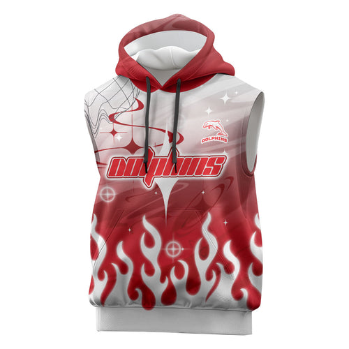 Personalized Dolphins Sleeveless Hoodie Y2K Grunge Aesthetic With Cyber Flames and Starburst Graphics