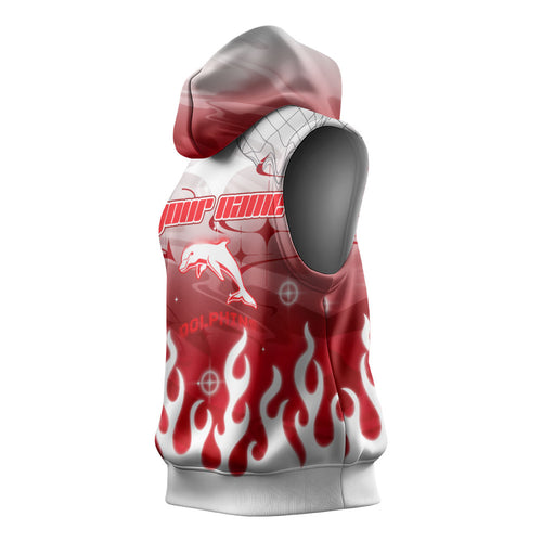 Personalized Dolphins Sleeveless Hoodie Y2K Grunge Aesthetic With Cyber Flames and Starburst Graphics
